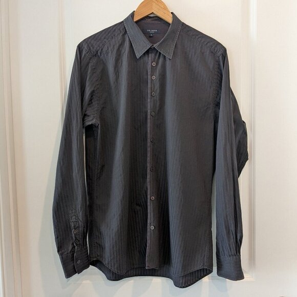 Ted Baker Shirt Men's Size 4 Dark Gray Button-up Kohl Stripes Long Sleeve Large - Picture 1 of 12